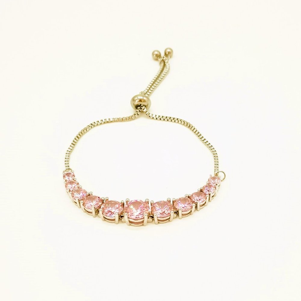 Pink Crystal Slider Tennis Bracelet. Adjustable Silver Tone Cottagecore Jewelry
